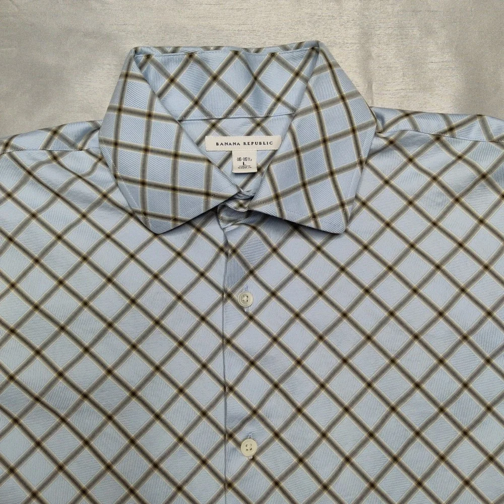 Banana Republic Men Large (16-16.5) Blue Diagonal‎ Check Cotton Button Shirt